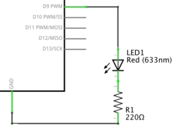 LED aan Arduino pin 9 (PWM)