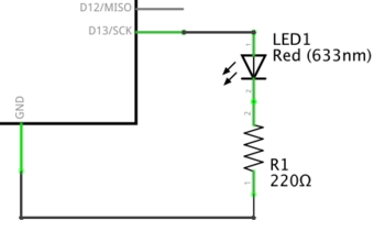 LED aan Arduino pin 13 (brandt als pin HIGH is)